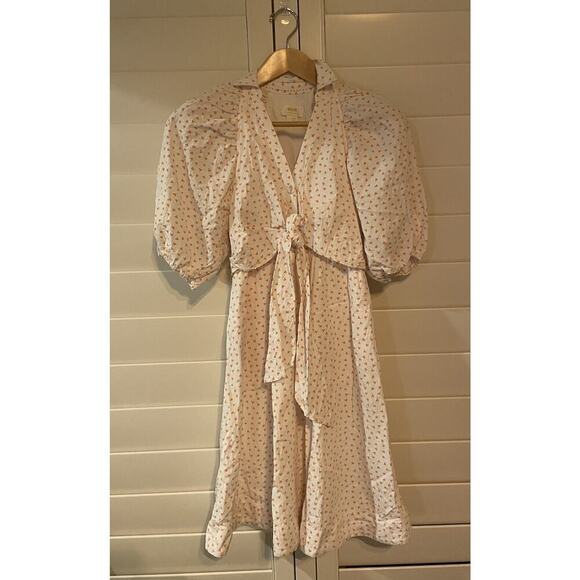 Anthropologie Maeve Midi Shirt Dress 2 S Puff Sleeve Tie Front Collar Triangles - Picture 2 of 7